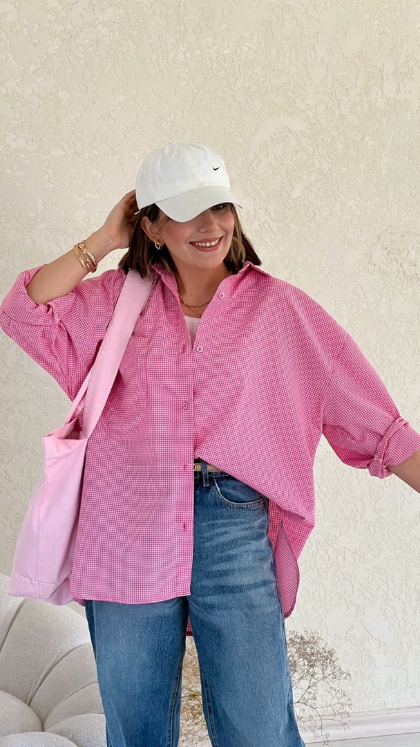 پیراهن چارخونه ریز صورتی