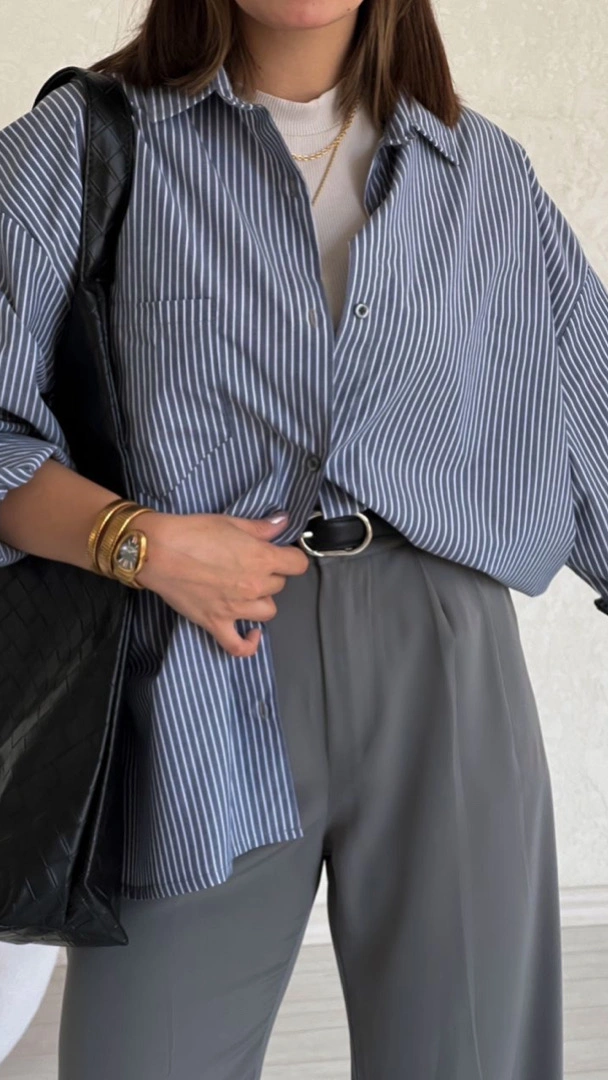 شومیز راه راه طوسی تیره