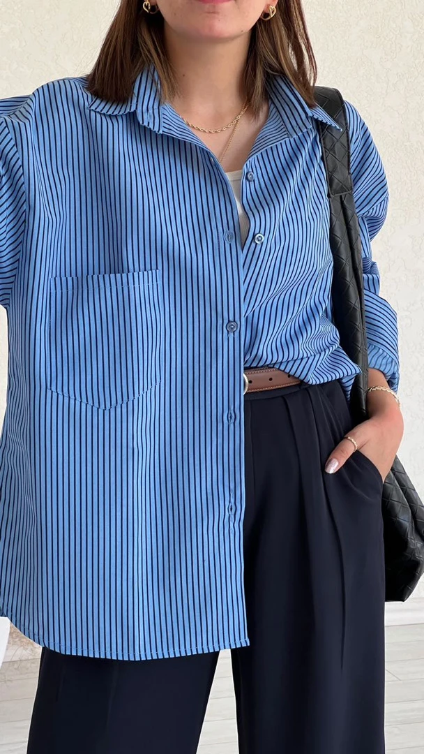 شومیز راه راه آبی خط مشکی