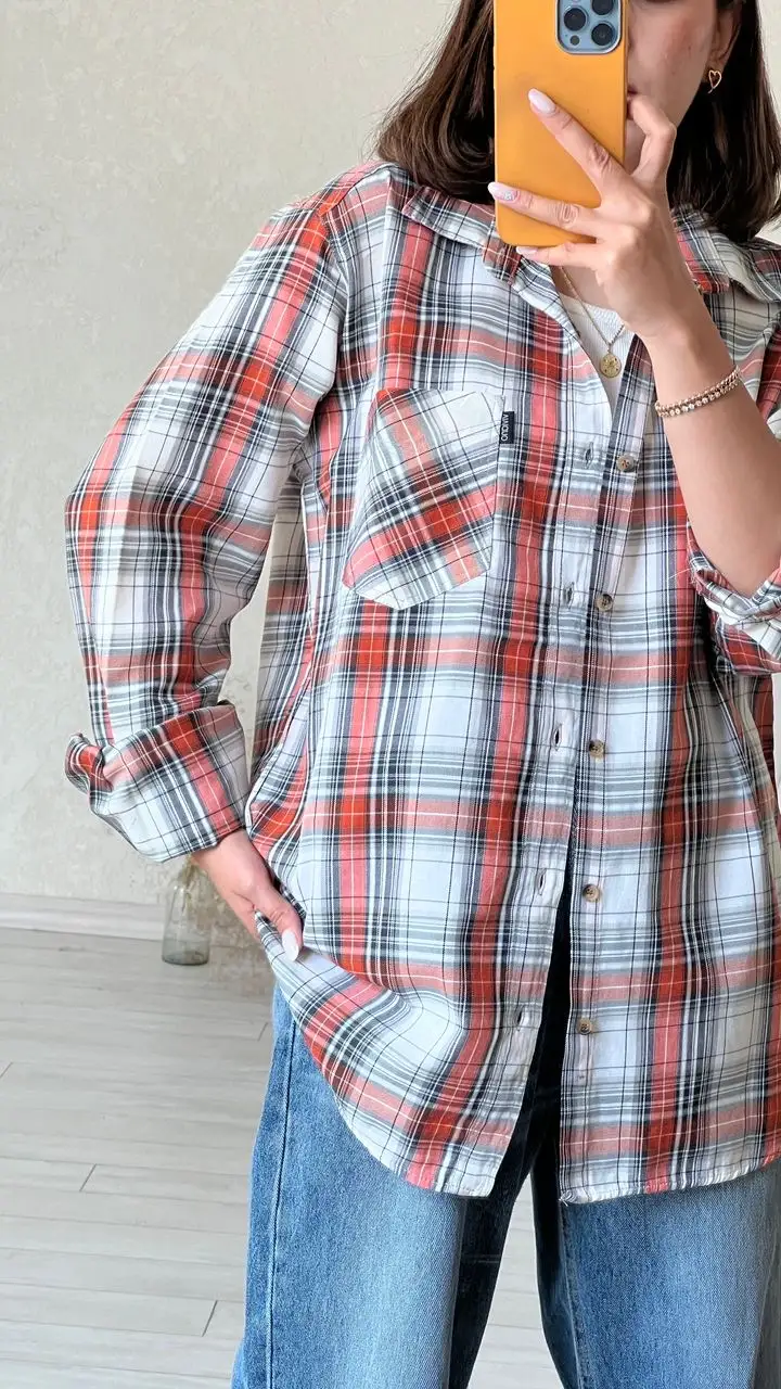 پیراهن چارخونه طوسی نارنجی