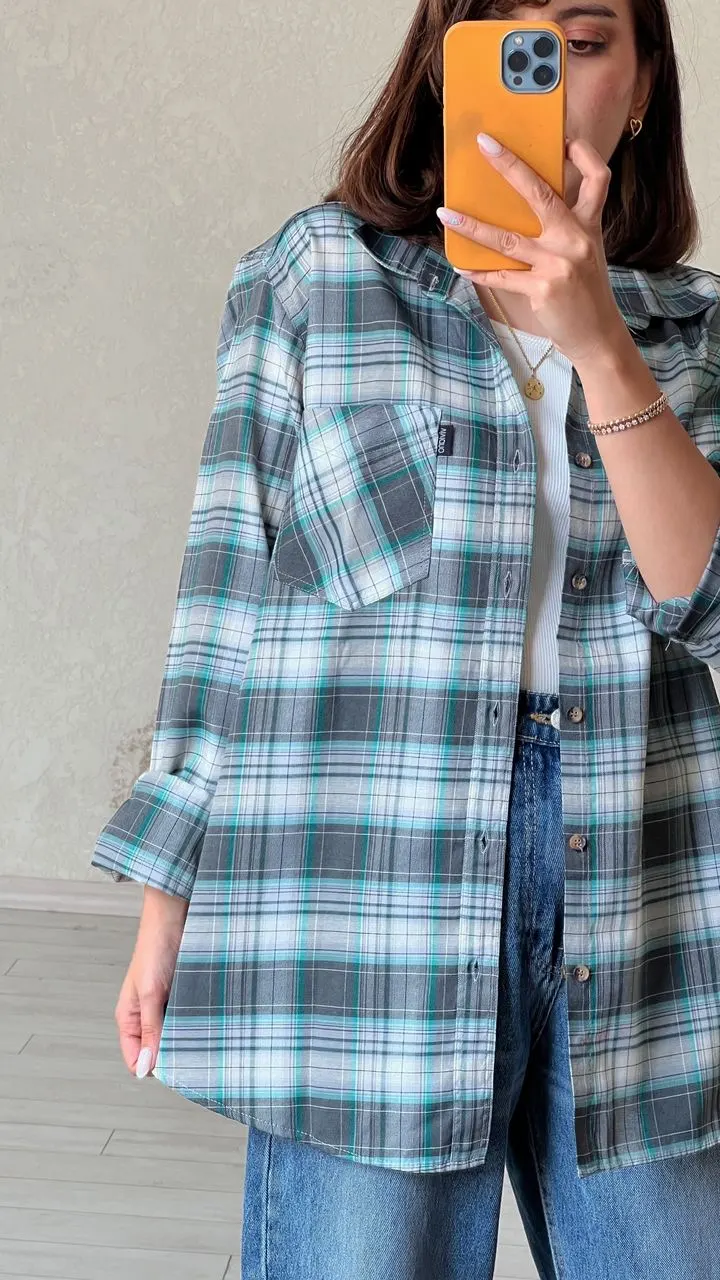 پیراهن چارخونه طوسی آبی