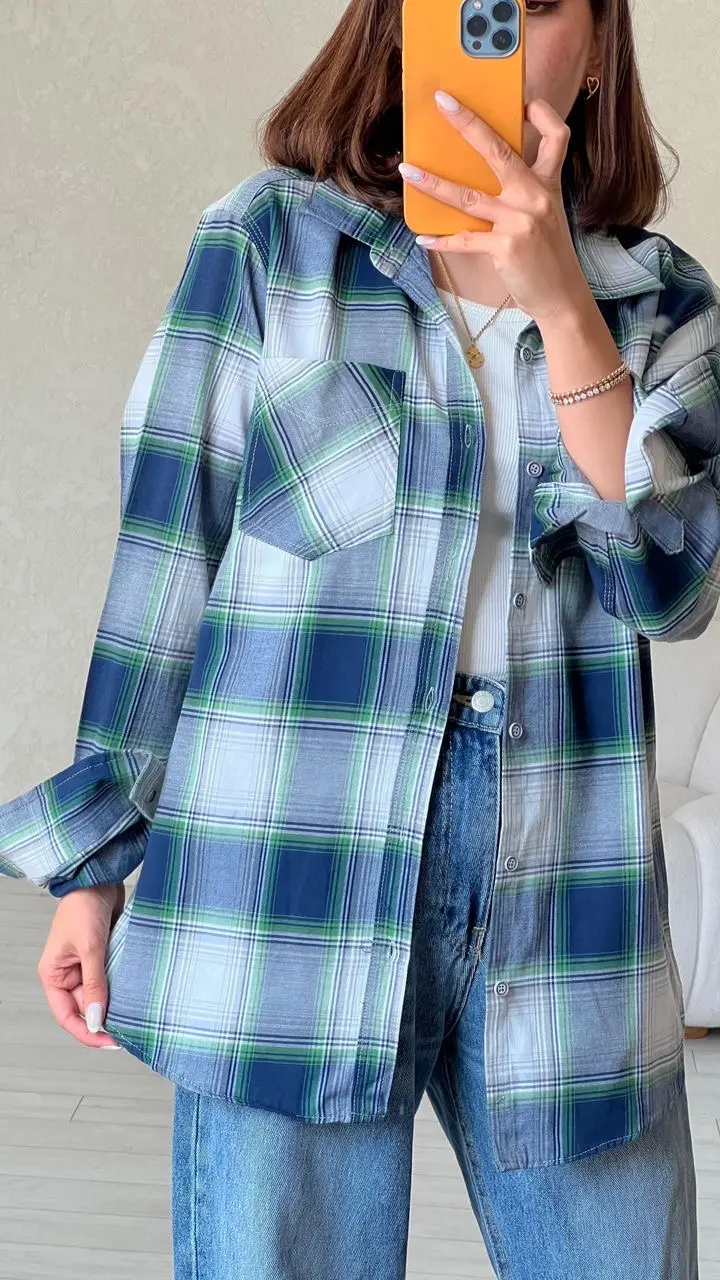 پیراهن چارخونه طوسی سرمه ای