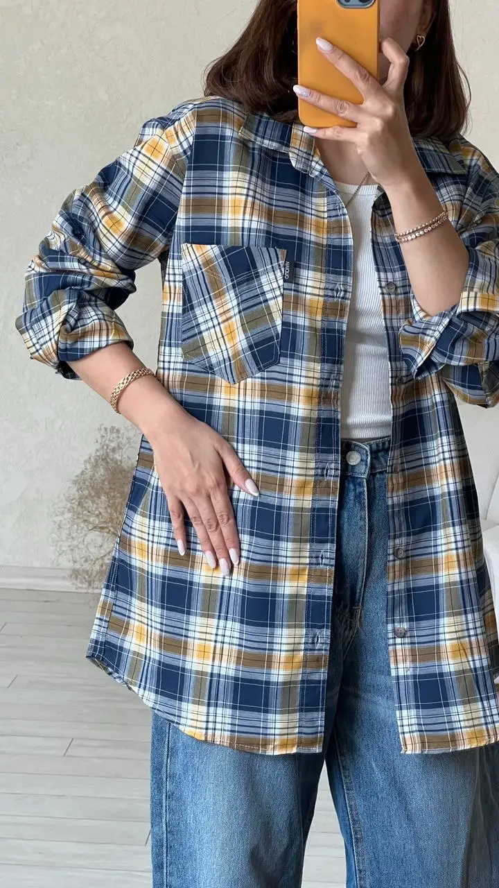 پیراهن چارخونه سرمه ای زرد