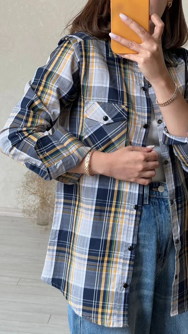 پیراهن چارخونه طوسی زرد