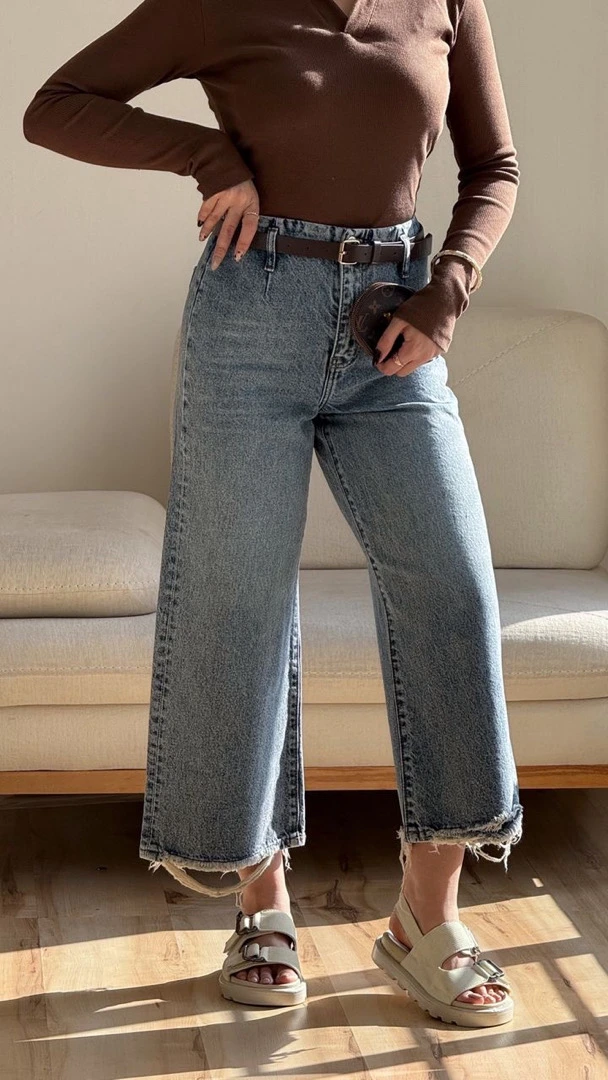 شلوار واید لگ آبی زاپ دار