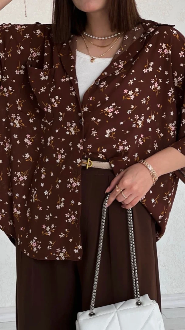 شومیز بهار طرح گل قهوه