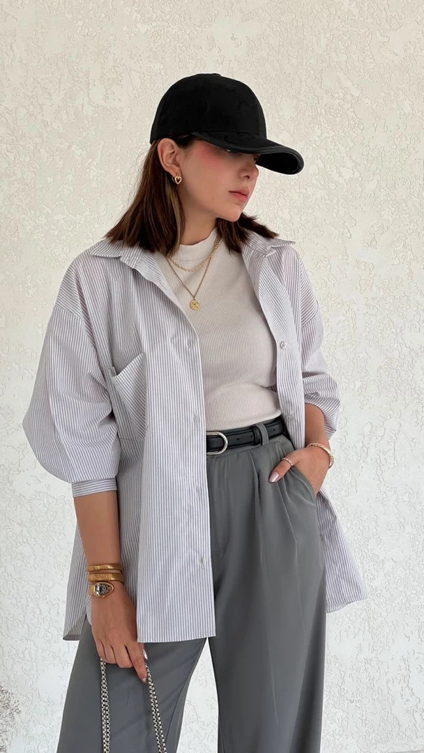 شومیز راه راه طوسی روشن